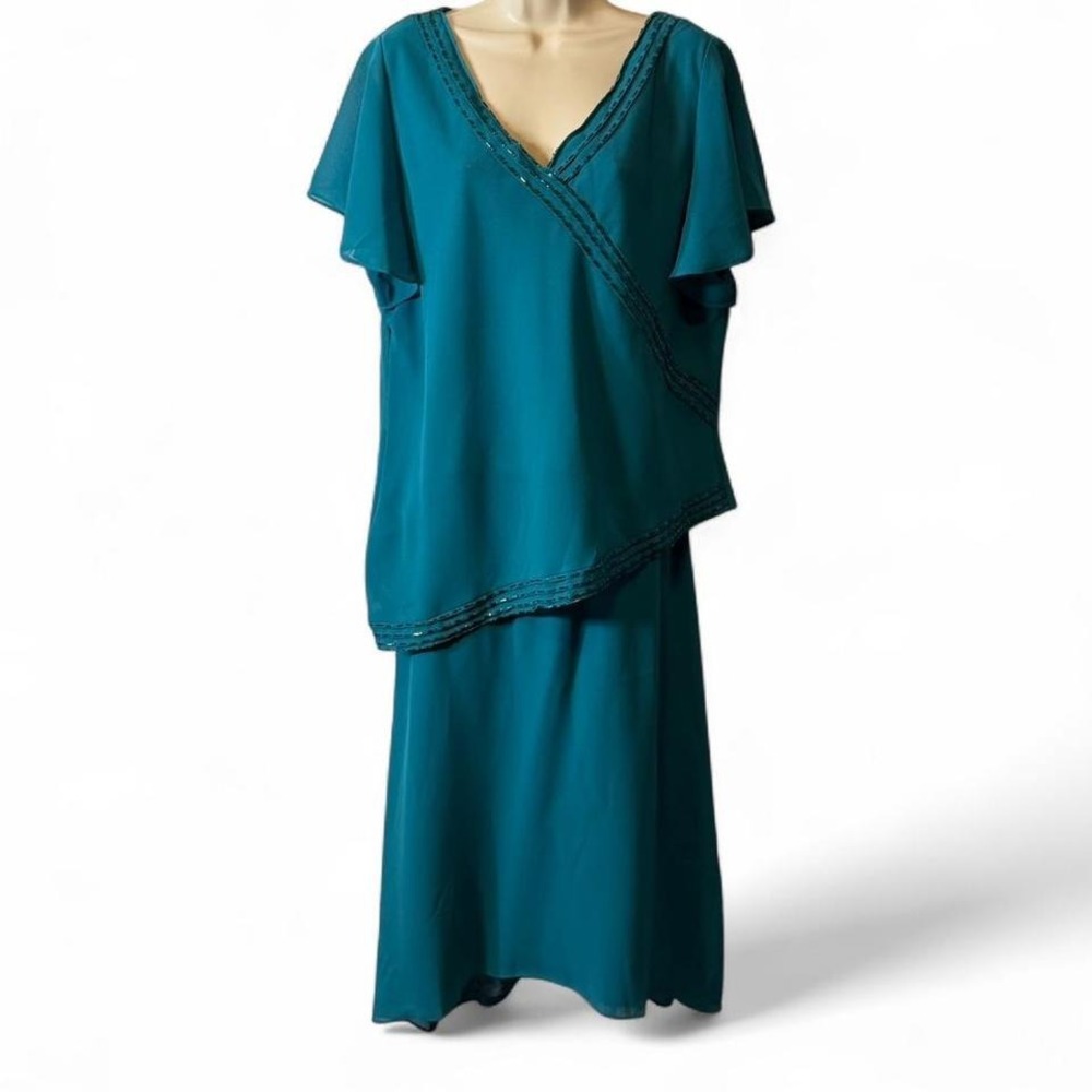 Vintage Amanda Smith Teal‎ 2 Piece Beaded Chiffon Set, Women's Size 20W